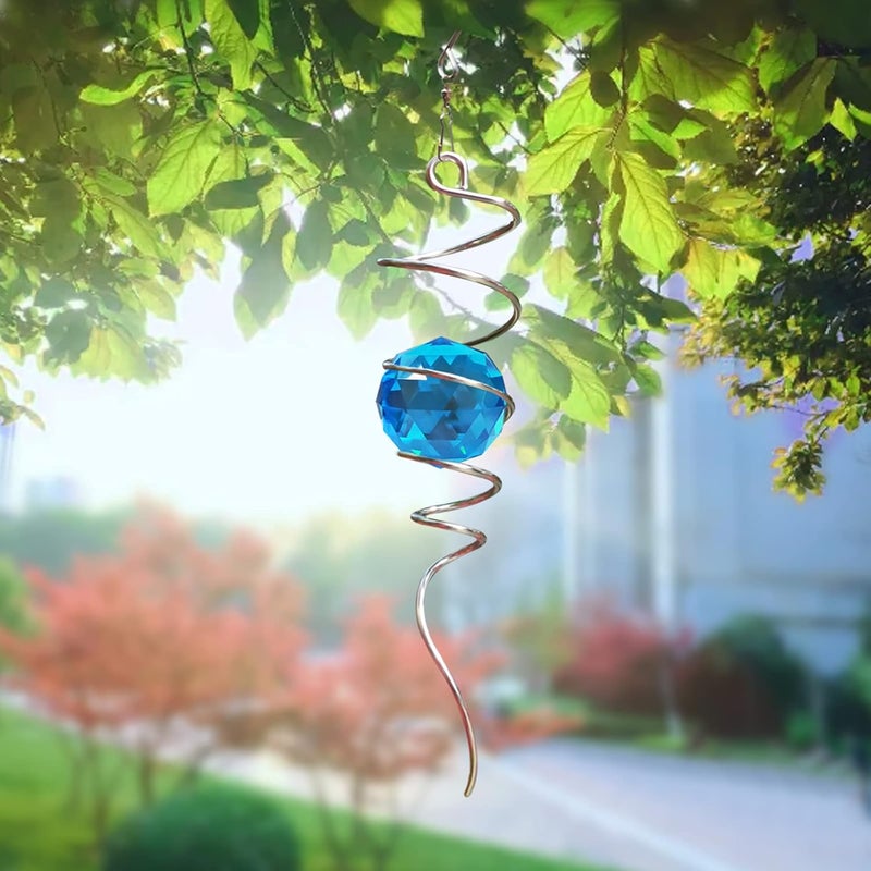 Eiryhope Gazing Ball Spiral Tail, Wind Spinner Spiral Peacock Blue Crystal Orb with Swivel Hook, Sun Catcher Rainbow Maker Hanging Decor for Yard Garden Rotating Art Ornaments Great Gifts 13" Height - Image 2
